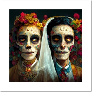 Day of the Dead wedding couple in bright colors. Posters and Art